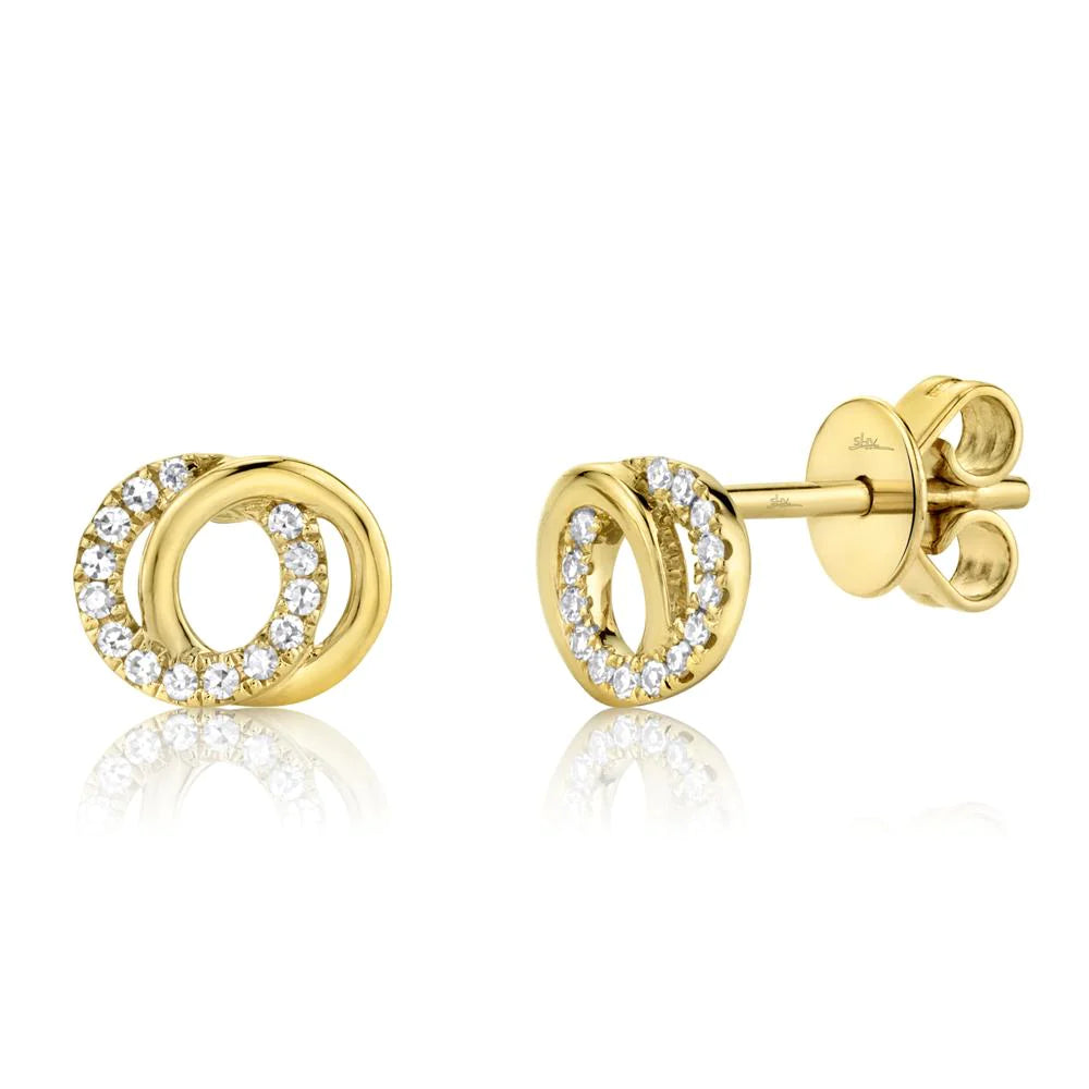Front and side view of 0.09ctw Diamond Love Knot Circle earring in 14K yellow gold showcasing interlocking circles with pavé diamonds and butterfly back on white background