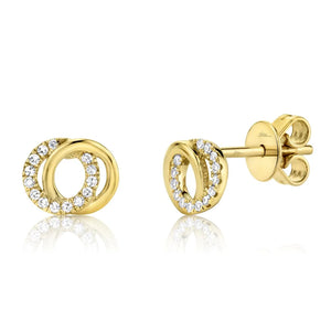 Front and side view of 0.09ctw Diamond Love Knot Circle earring in 14K yellow gold showcasing interlocking circles with pavé diamonds and butterfly back on white background
