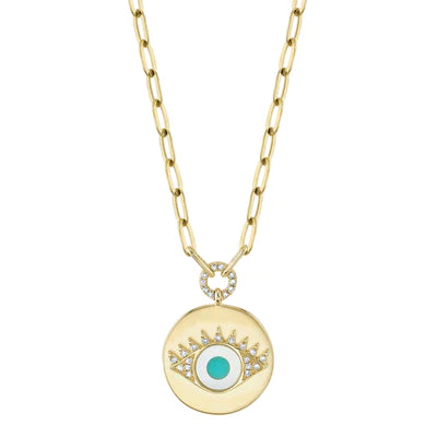 Turquoise & Mother of Pearl Eye Paper Clip Link Necklace - Gunderson's Jewelers
