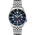 Front view of Seiko SSK003 watch with blue sunburst dial, red GMT hand, black-blue 24-hour bezel, and jubilee bracelet