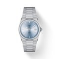 Front view of Tissot PRX 35 mm stainless steel watch with light blue sunburst dial, date window at 3 o’clock, integrated bracelet