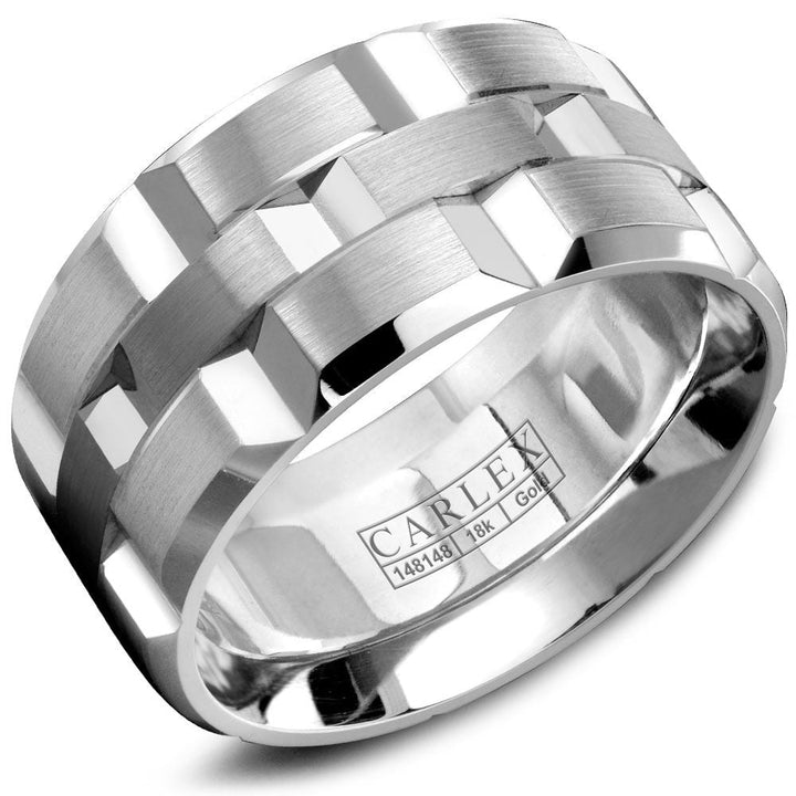 18K White Gold Brushed & Polished Carved Band