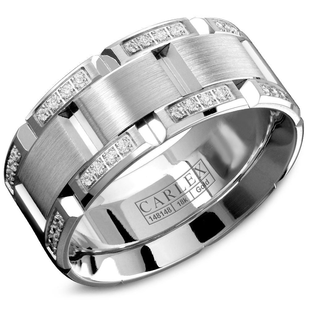 White gold men's band with brushed center, channel-set diamonds and interior stamp 'CARLEX 148148 18k Gold'