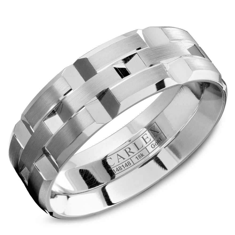 18K White Gold Brushed & Polished Carved Band