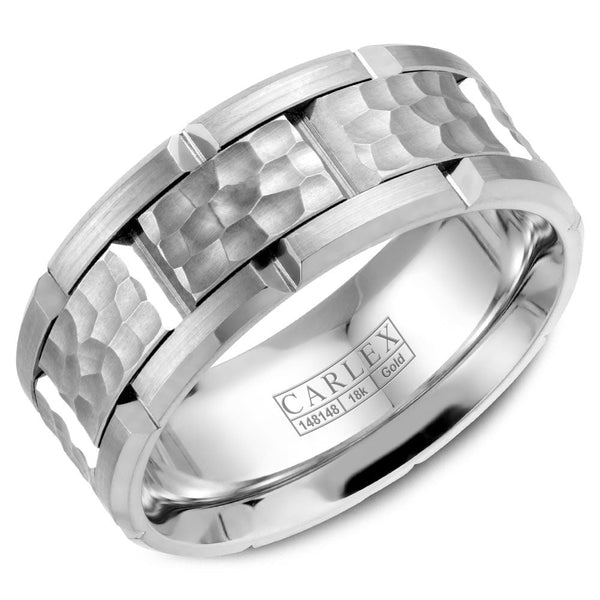 9mm 14K White Gold Hammered and Brushed Carved Band