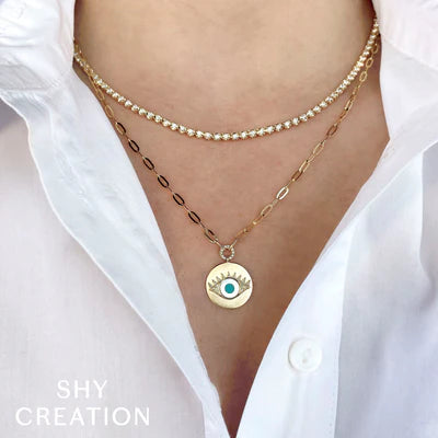Turquoise & Mother of Pearl Eye Paper Clip Link Necklace - Gunderson's Jewelers