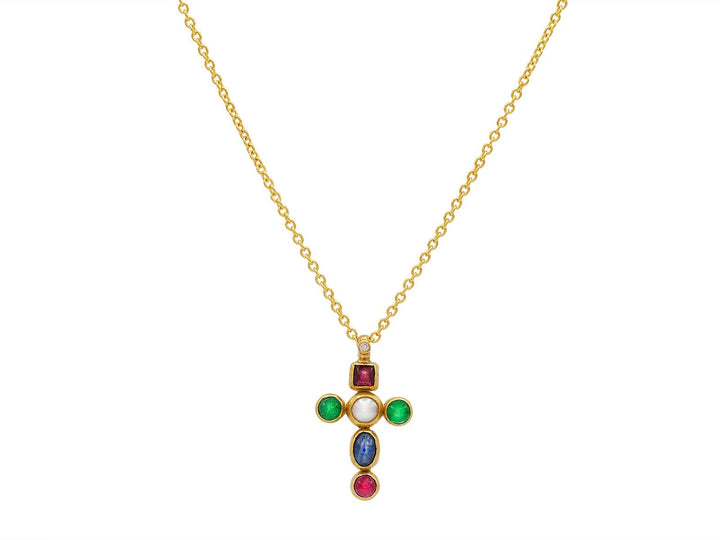 Gold Cross Pendant Necklace with Mixed Stones - Gunderson's Jewelers