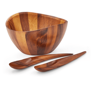 Angled front view of Harmony 3-piece acacia wood salad set showcasing striped round bowl and two matching serving spoons on white background