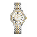 Front view of Serein two-tone 18K gold and stainless steel watch with diamond bezel and mother-of-pearl dial