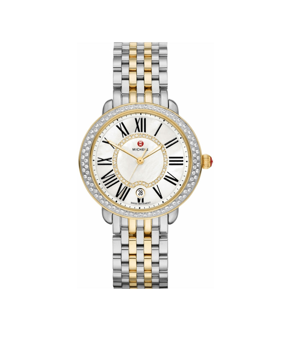 Front view of Serein two-tone 18K gold and stainless steel watch with diamond bezel and mother-of-pearl dial