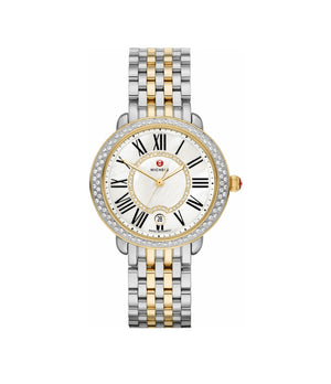 Front view of Serein two-tone 18K gold and stainless steel watch with diamond bezel and mother-of-pearl dial