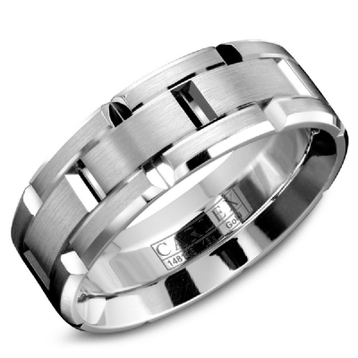 14K White Gold Brushed and High Polish Carved Band