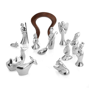 Polished silver miniature nativity set with wooden arch, angel, shepherd, three wise men, manger and animals.