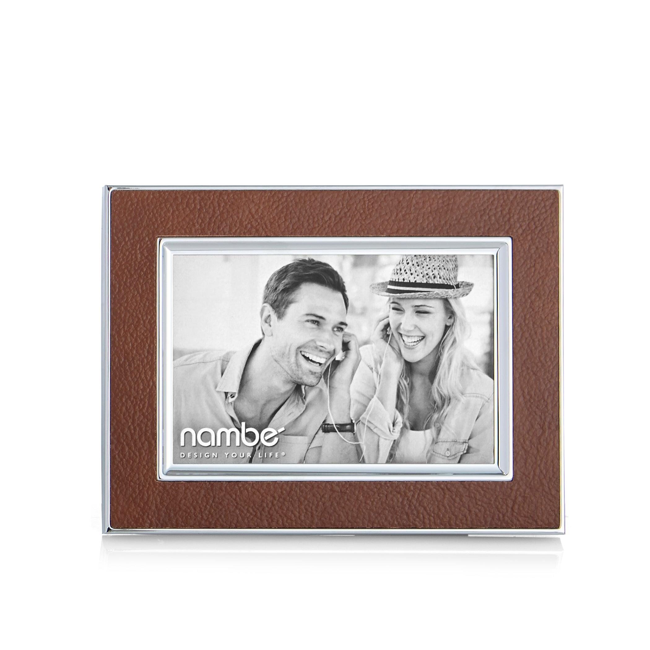 Front view of Novara 4x6 frame showcasing brown genuine leather exterior and silver metal inner bezel on white background