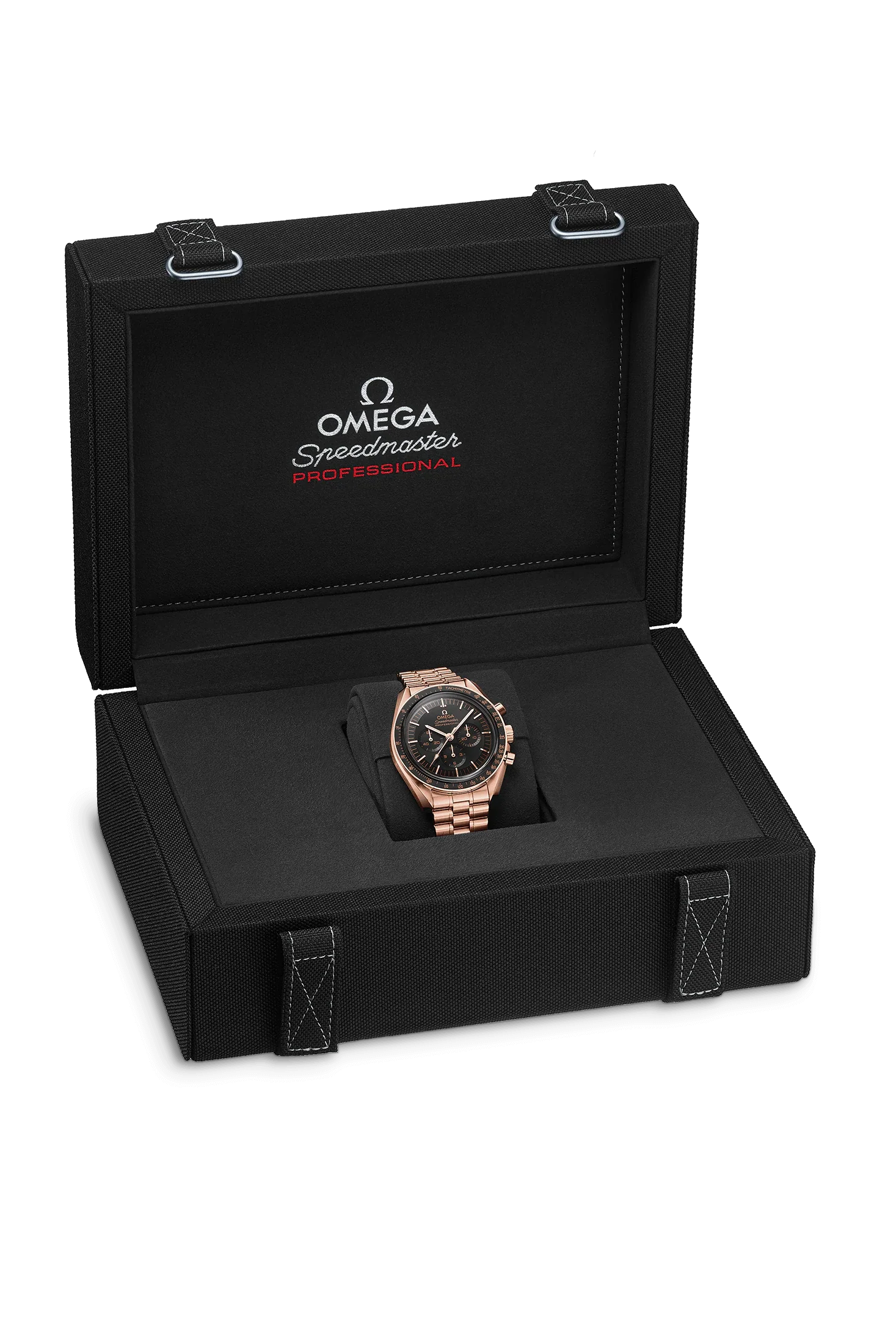 Three-quarter view of 42mm Omega Speedmaster Moonwatch in rose gold on bracelet in open black presentation box labeled 'OMEGA Speedmaster Professional'