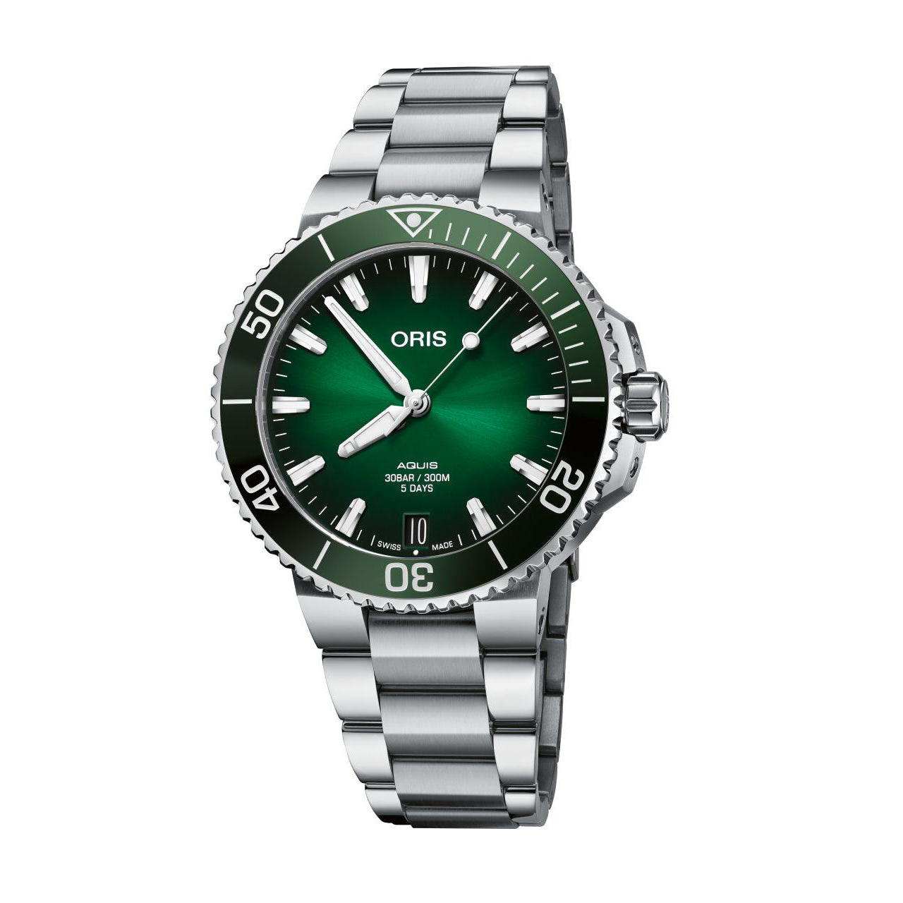 Angled view of Oris Aquis Date Calibre 400 41.50mm with green sunburst dial, stainless steel bracelet and rotating bezel