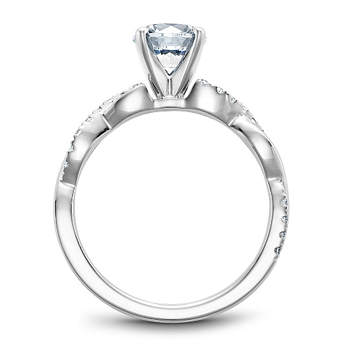 Triangular-cut center engagement ring with pavé-set side stones on a polished white-metal band