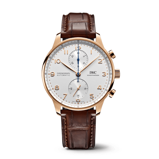Front view of Portugieser Chronograph with 41 mm 18 ct 5N rose gold case, silver dial with two subdials and brown strap