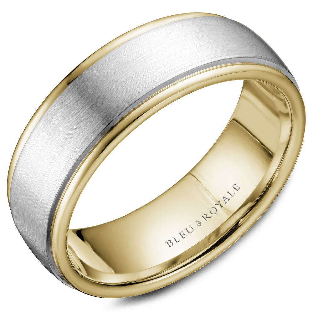 Angled view of 14K white gold ring showcasing brushed center and polished 14K yellow gold edges on white background