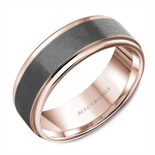 Angled view of 14K rose gold and brushed tantalum ring showing dark brushed center with polished rose gold edges on white
