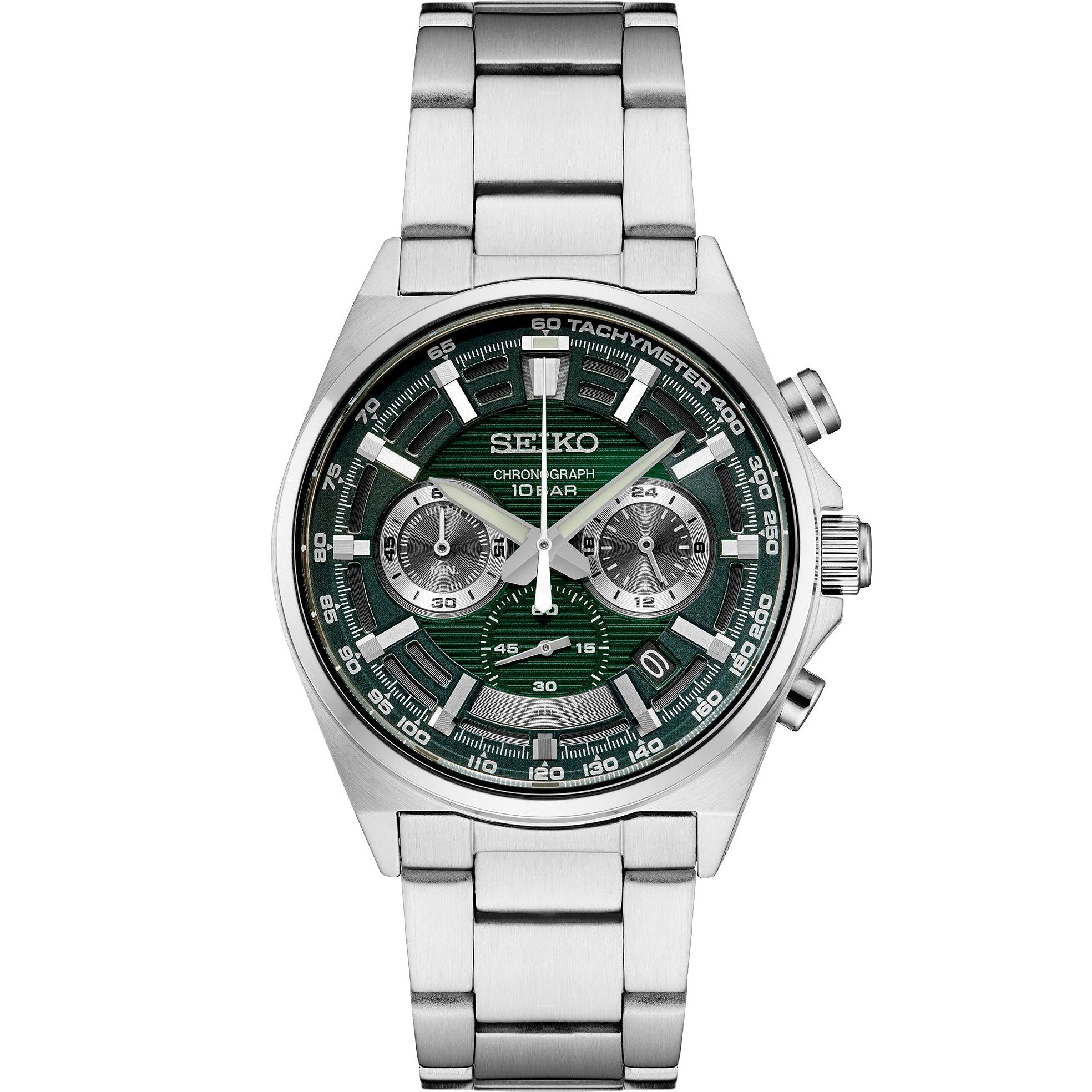 Front view of Seiko SSB405 stainless steel chronograph watch with green textured dial, tachymeter bezel and three subdials on white background