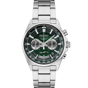 Front view of Seiko SSB405 stainless steel chronograph watch with green textured dial, tachymeter bezel and three subdials on white background
