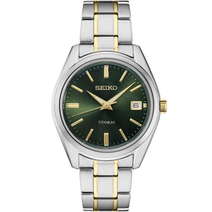 Front view of Seiko SUR377 watch with green sunburst dial, gold hands and markers, date at 3, two-tone titanium bracelet