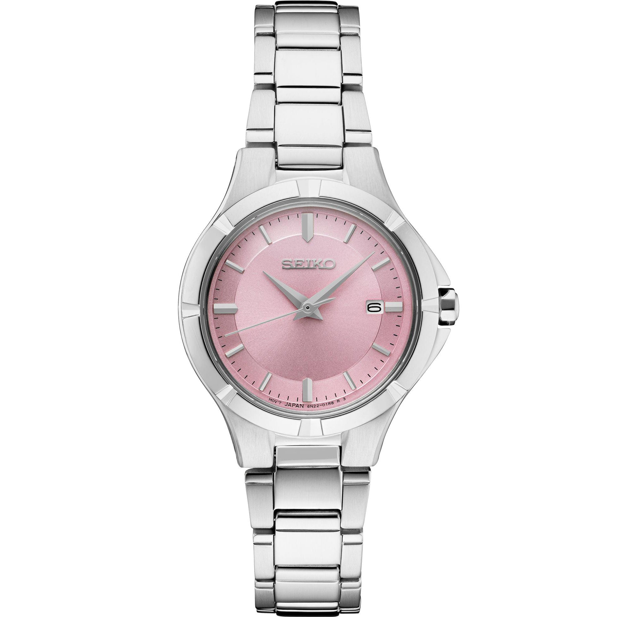 Front view of Seiko SUR413 watch showing pink dial, 3 o'clock date window, and stainless steel bracelet on white background