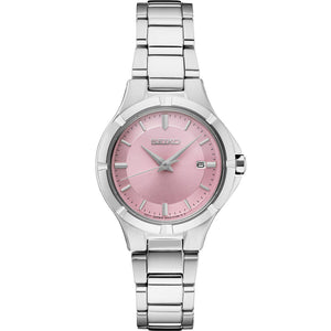 Front view of Seiko SUR413 watch showing pink dial, 3 o'clock date window, and stainless steel bracelet on white background