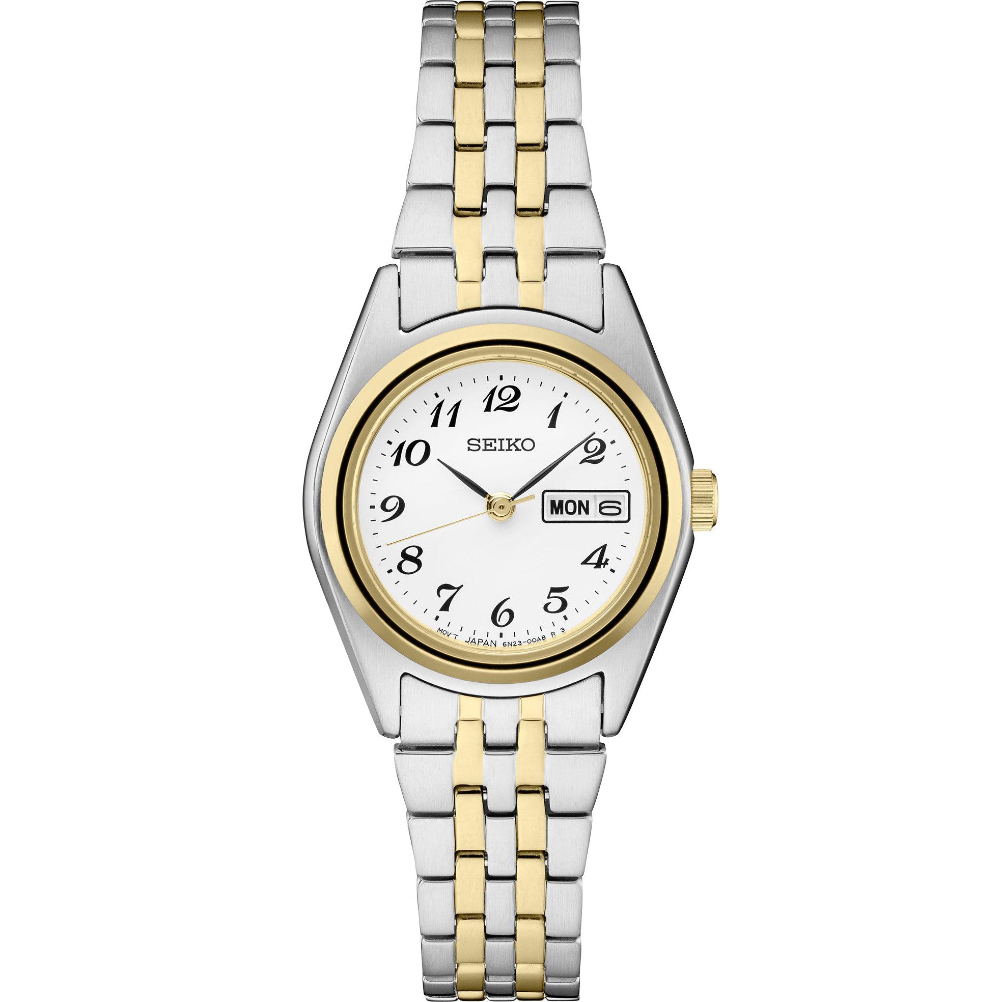 Front view of Seiko SUR438 two-tone stainless watch with white dial, Arabic numerals, day-date window, and two-tone bracelet