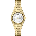 Front view of Seiko SUR440 gold-tone watch showcasing white dial with Arabic numerals and day-date window on white background