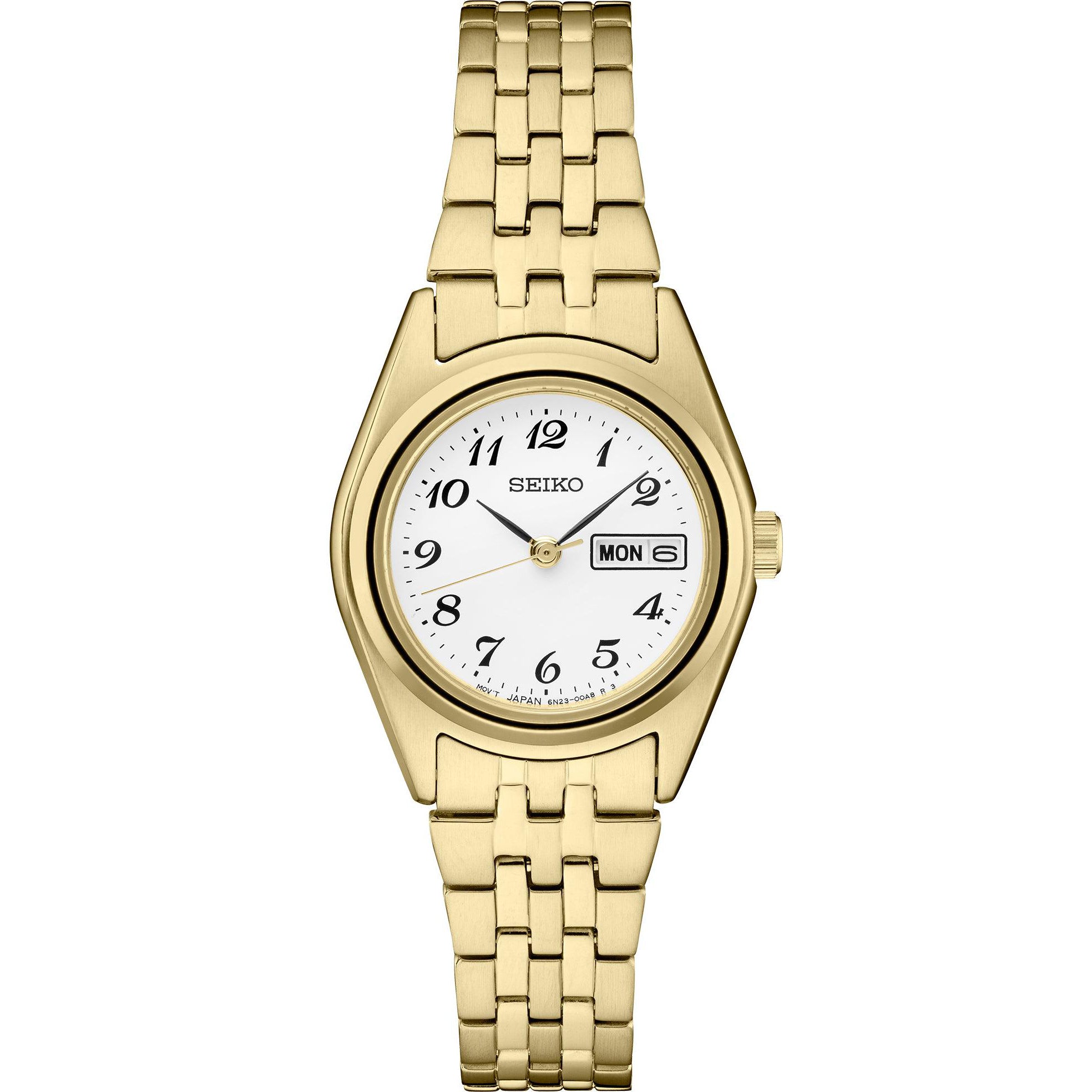 Front view of Seiko SUR440 gold-tone watch showcasing white dial with Arabic numerals and day-date window on white background