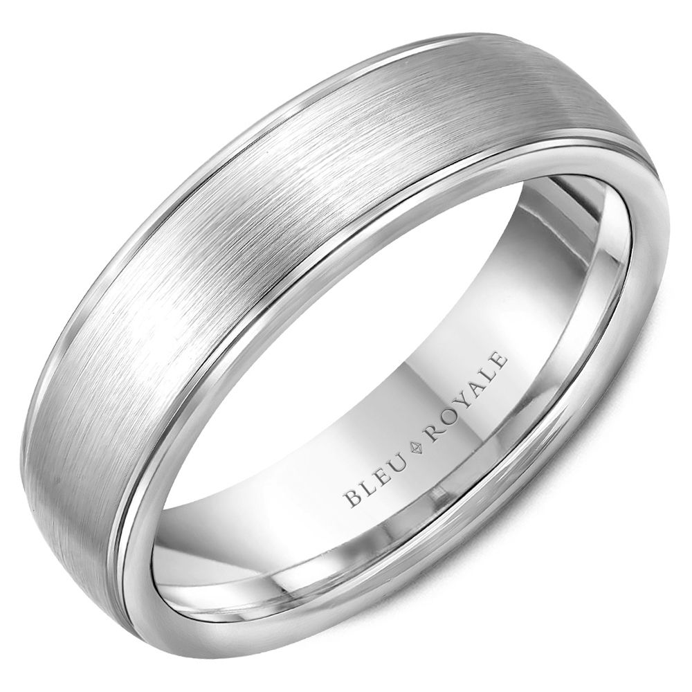 Angled view of 14K white gold wedding band showcasing brushed center and polished beveled edges on white background