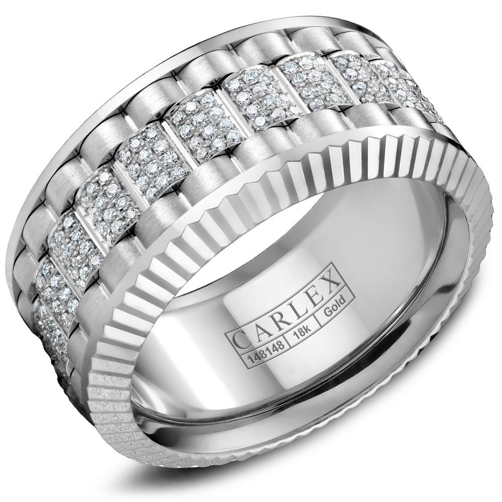 Wide white-gold band with three pavé diamond rows and fluted edges; inner engraving: CARLEX 148148 18k Gold